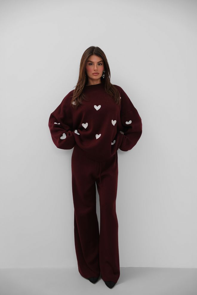 Black Fashion Трикотажный Комплект Из Свитера И Брюк С Узором В Виде Сердечек Бордово красный Оптовая продажа одежды Повседневный
