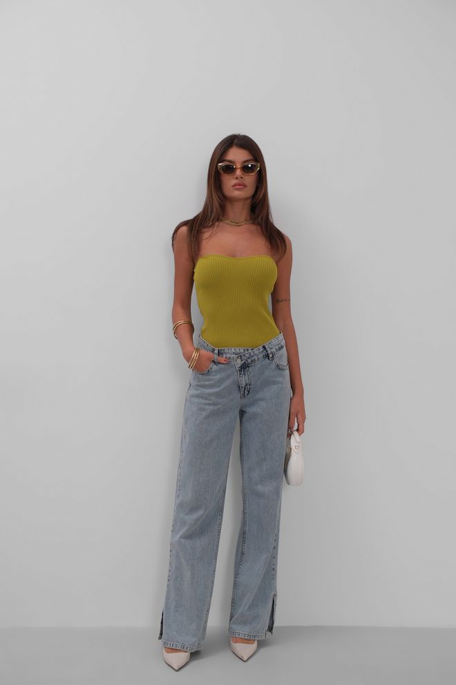 Black Fashion Straplez Triko Bluz Yeşil Toptan Giyim Gündelik