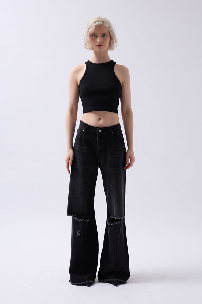 Black Fashion Halterkraag Crop Zwart Groothandel Kleding Casual