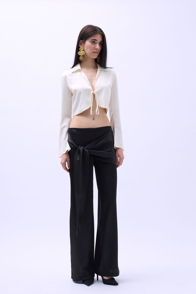 Black Fashion Pantalones De Satén Con Lazo Delantero Negro Ropa al por mayor Poliéster