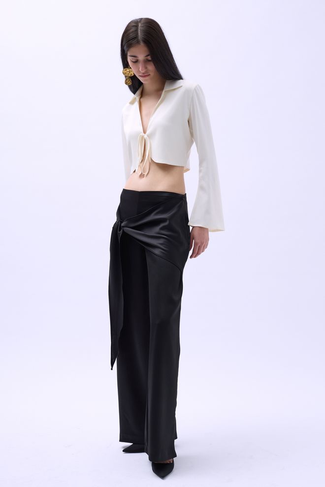 Black Fashion Pantalones De Satén Con Lazo Delantero Negro Ropa al por mayor Cumpleaños