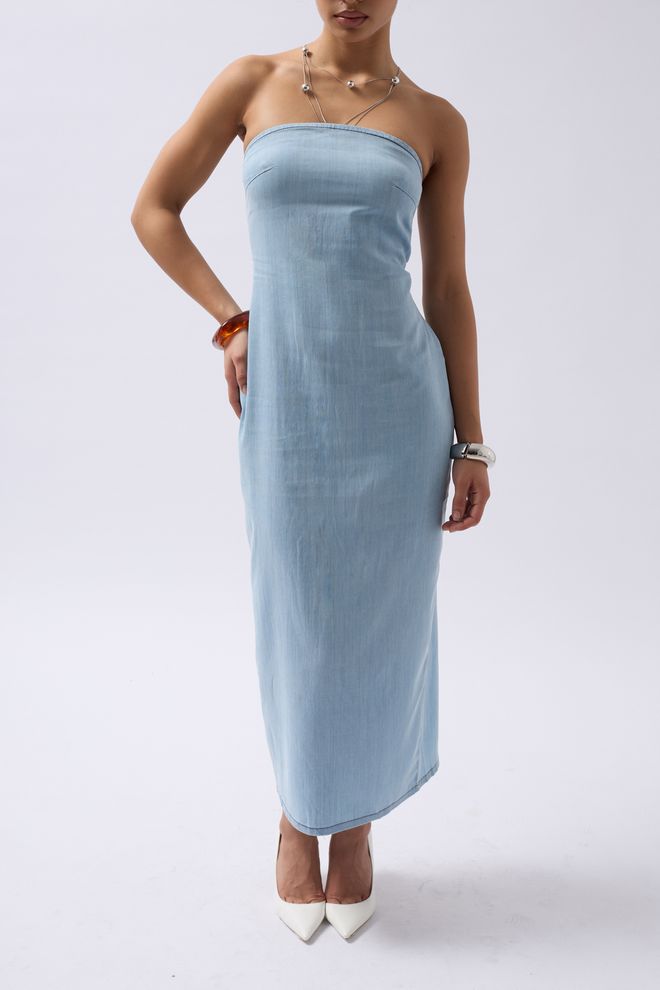 Black Fashion Strapless Denim Dress Light Blue Wholesale Clothing Summer