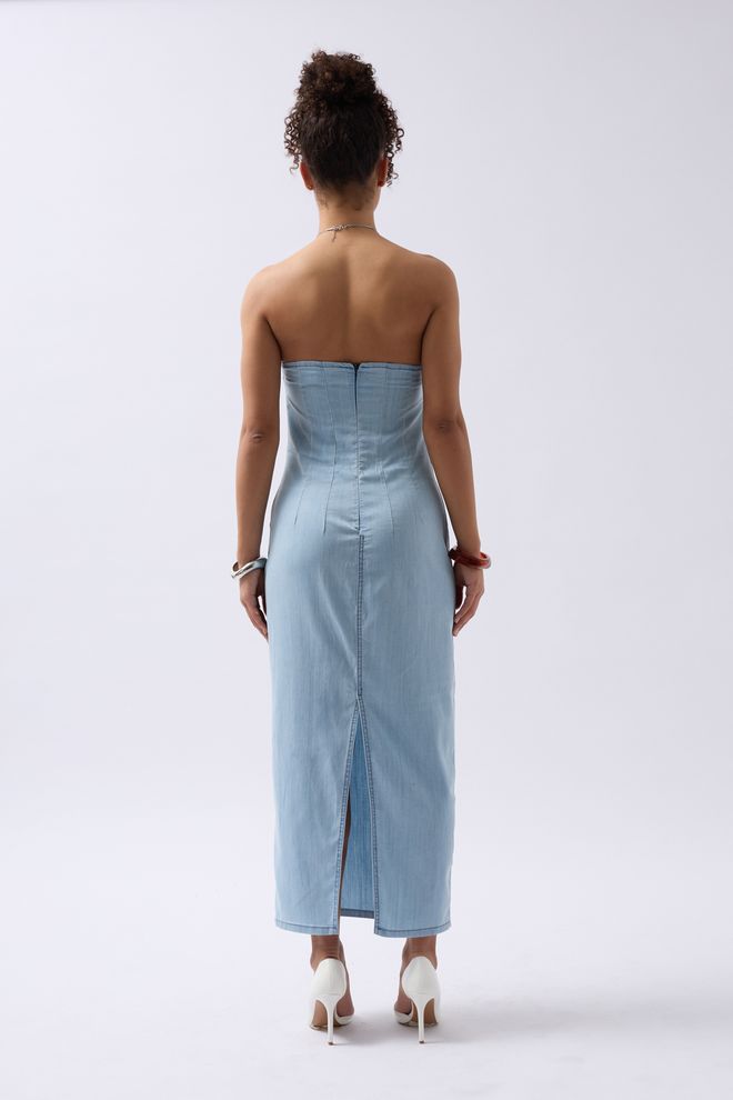 Black Fashion Strapless Denim Dress Light Blue Wholesale Clothing Formal