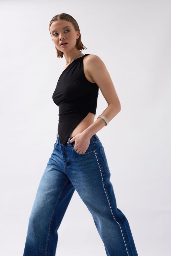 Black Fashion Jean À Rayures Ornées De Pierres Bleu Vêtements en gros Décontracté