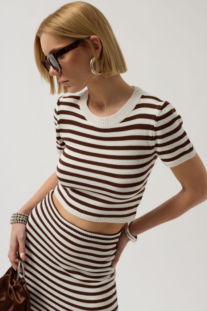 Black Fashion Short Rayé À Col Rond Multicolore Vêtements en gros Décontracté