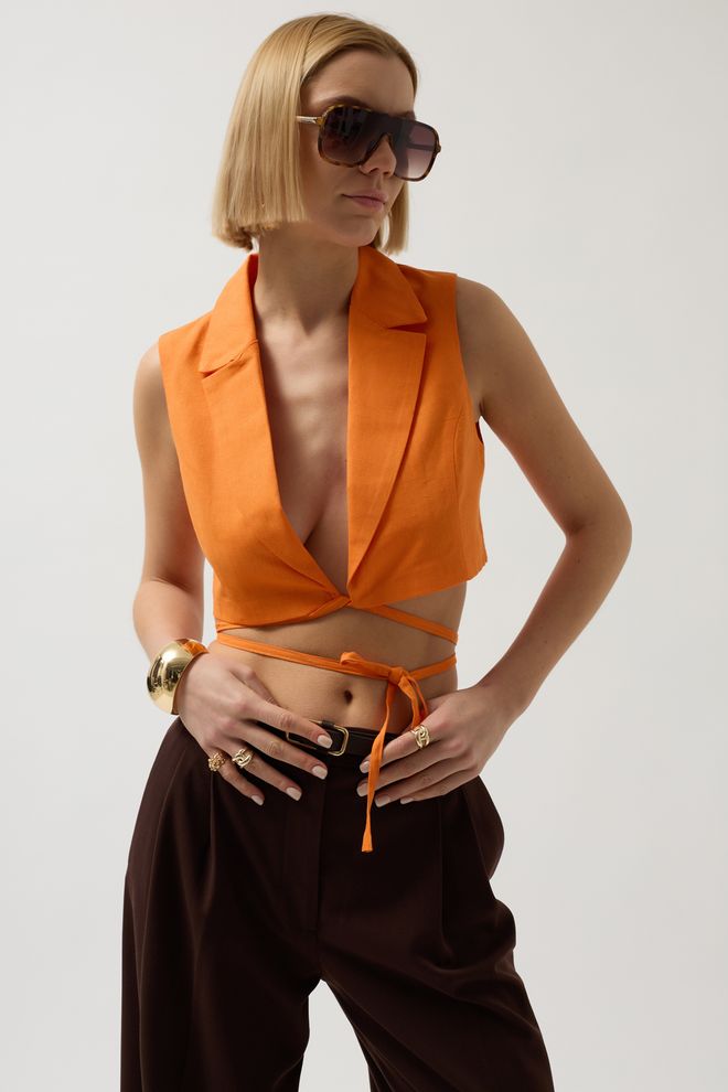 Black Fashion Gilet Court En Lin Avec Détail Noué Orange Vêtements en gros Décontracté