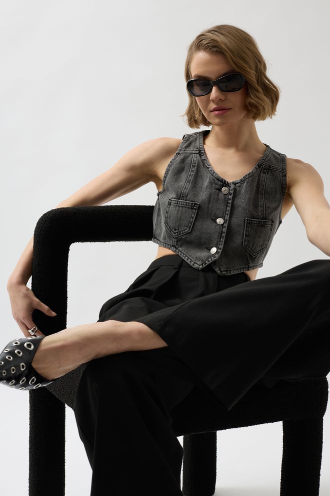 Black Fashion Джинсовый Жилет С Карманами Snow Wash Smoked Оптовая продажа одежды Повседневный