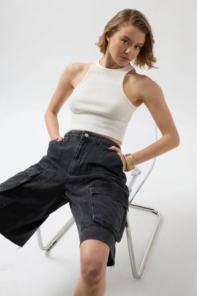 Black Fashion Cargo Pocket Bermuda Džinsiniai Šortai – Snow Wash Smoked Didmeninė prekyba drabužiais Kokteilinė