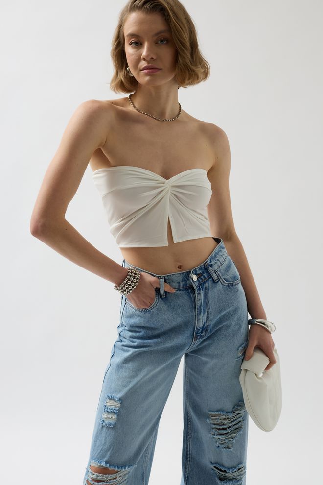 Black Fashion Blouse Détail Noeud Sans Bretelles Écru Vêtements en gros Sexy