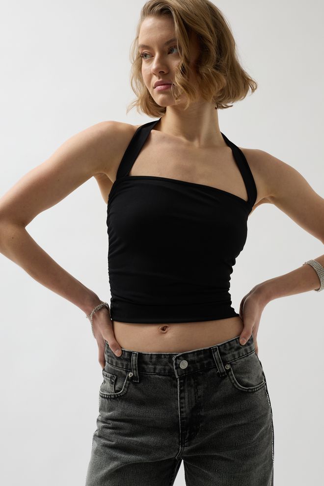 Black Fashion Bluse Mit Überkreuzten Trägern – Schwarz Großhandelskleidung Geburtstag