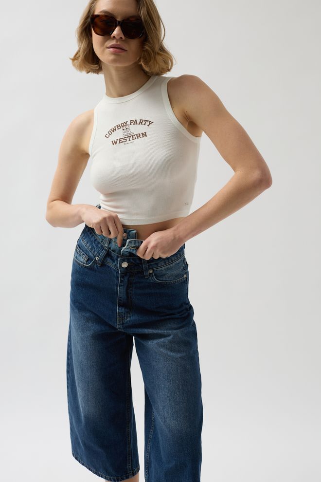 Black Fashion Double Belted Bermuda Denim Trousers Blue Wholesale Clothing Casual