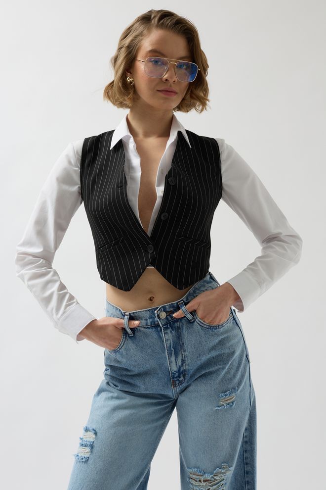Black Fashion Полосатый Жилет Черный Оптовая продажа одежды Повседневный