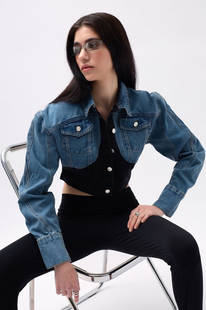 Black Fashion Double Color Crop Denim Jacket Black Wholesale Clothing Casual
