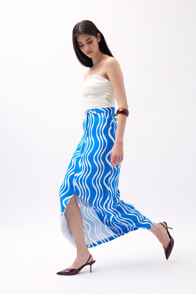 Black Fashion Printed Front Slit Skirt Blue Wholesale Clothing Casual