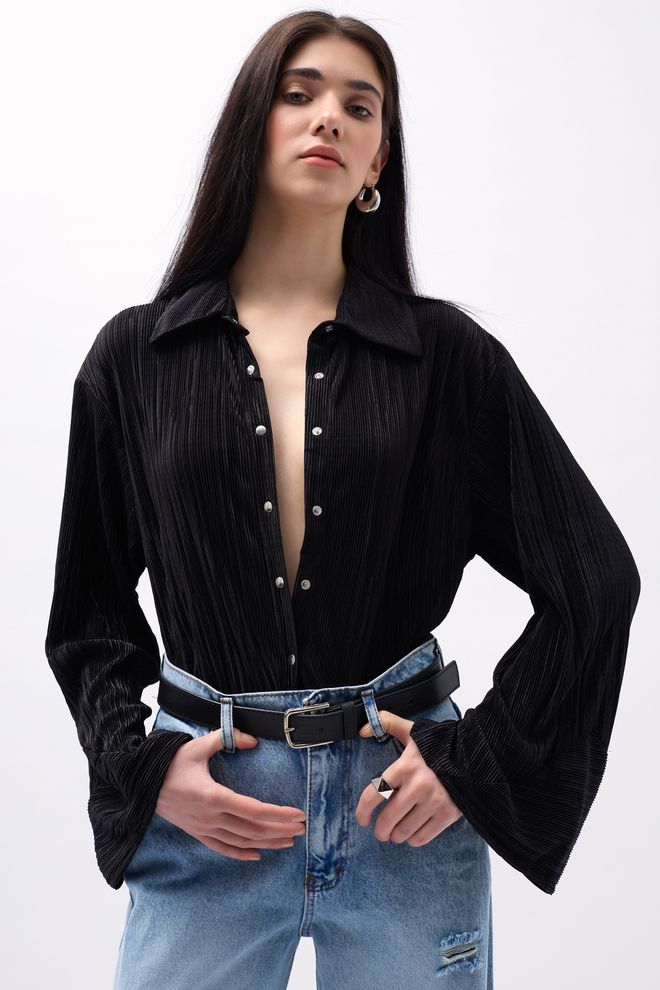 Black Fashion Chemise Texturée Oversize Noir Vêtements en gros Décontracté
