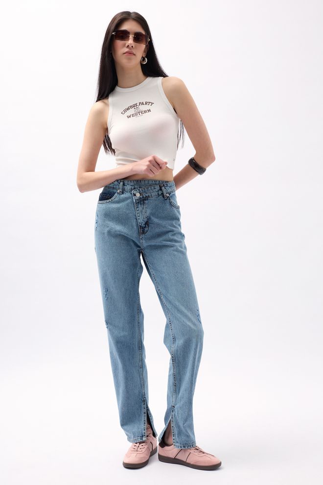 Black Fashion Ripped Asymmetric Laser Jeans Light Blue Wholesale Clothing Casual