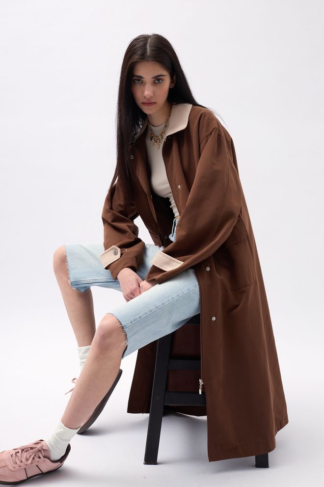 Black Fashion Καμπαρντίνα Oversized Με Λεπτομέρεια Γιακά Σκούρο Καφέ Χονδρικό εμπόριο ενδυμάτων Casual