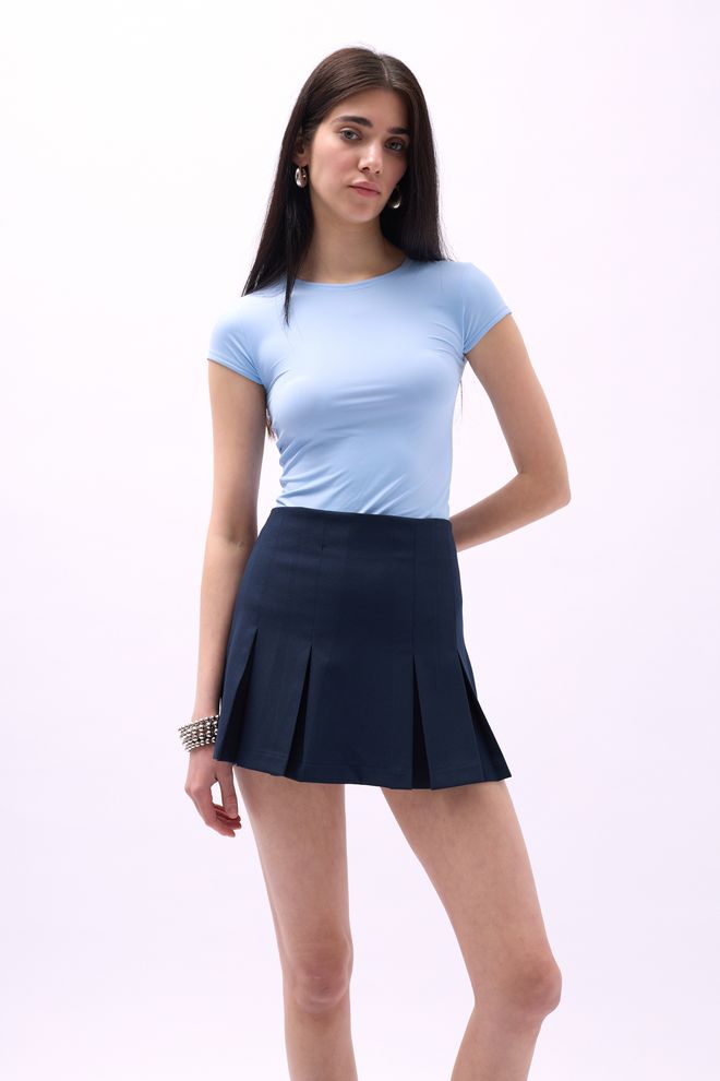 Black Fashion تنورة صغيرة ذات ثنيات عالية الخصر أزرق داكن ملابس بالجملة Preppy