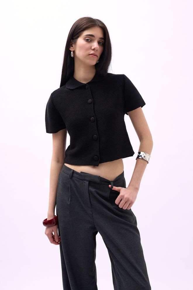 Black Fashion Blouse Met Knoopsluiting Voor Baby's Zwart Groothandel Kleding Casual