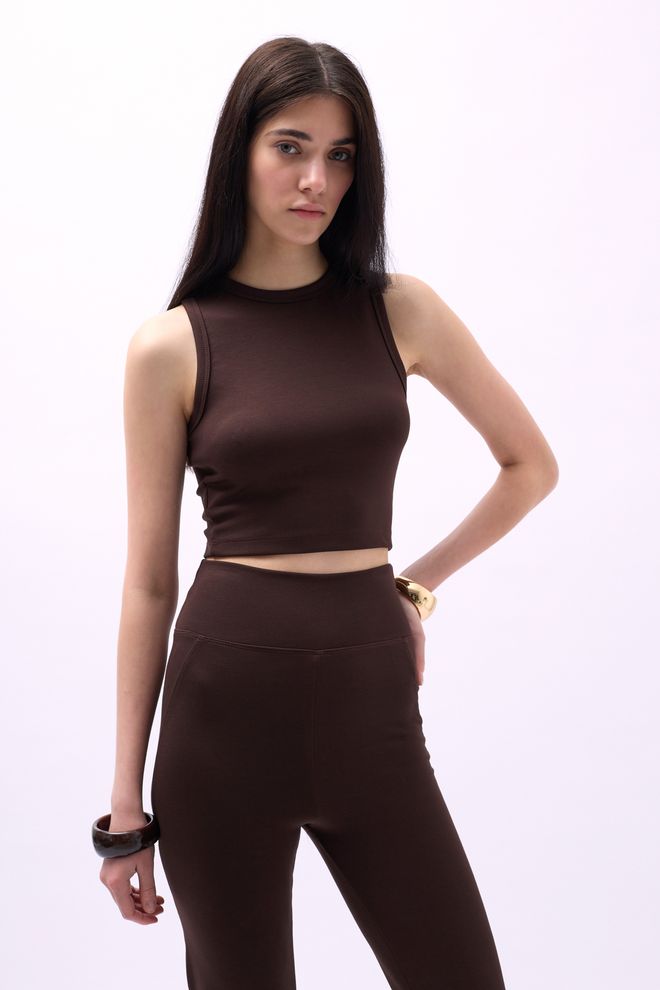 Black Fashion Crop Blouse Met Zwemhals Bruin Groothandel Kleding Sport