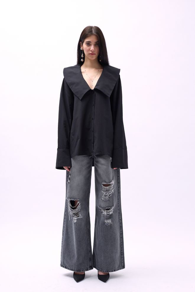 Black Fashion Πουκάμισο Με Φαρδύ Γιακά Με Βολάν Μαύρο Χονδρικό εμπόριο ενδυμάτων Casual