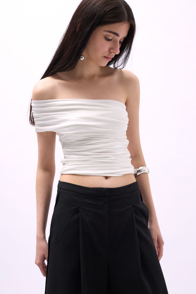 Black Fashion Einschultrige Rüschenbluse Weiß Großhandelskleidung Elegant