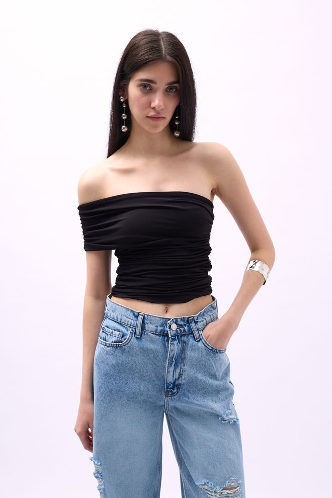 Black Fashion Μπλούζα Με Βολάν Με Εναν Ωμο Μαύρο Χονδρικό εμπόριο ενδυμάτων Κομψό