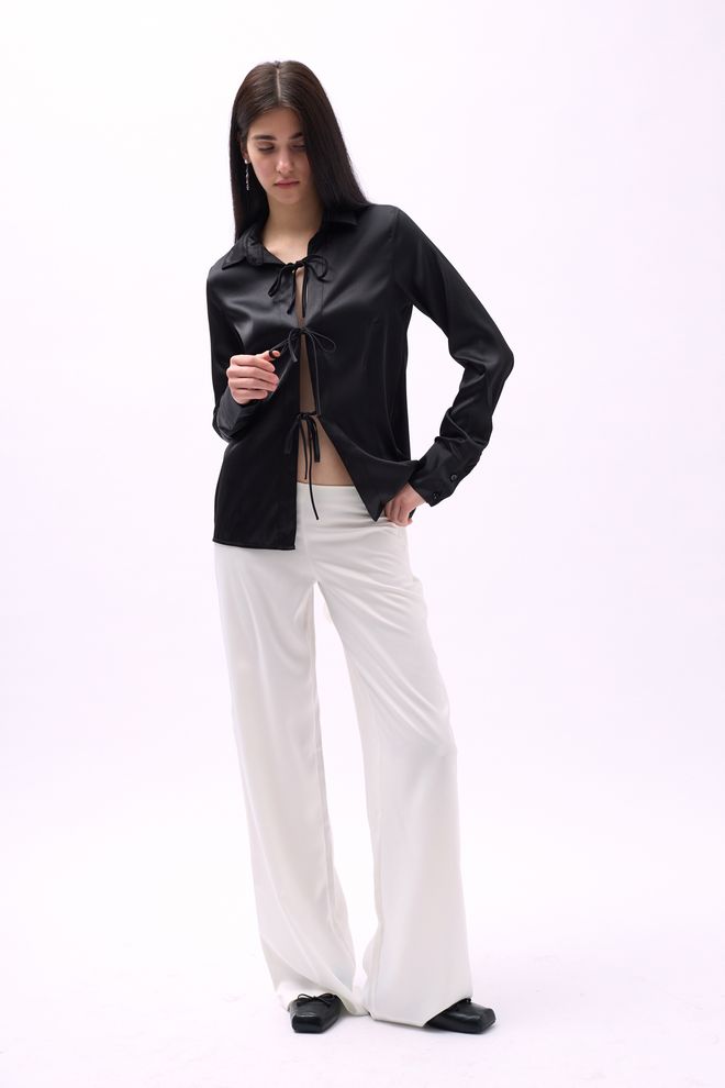 Black Fashion Σατέν Πουκάμισο Με Λεπτομέρεια Δέσιμο Μαύρο Χονδρικό εμπόριο ενδυμάτων Κομψό