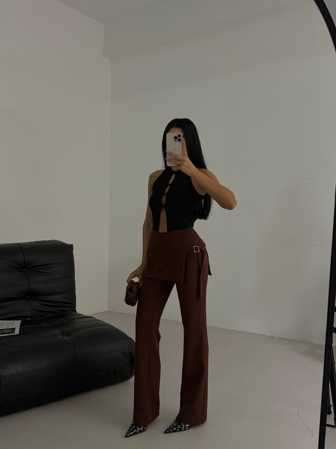 Black Fashion Saia E Calça Com Cinto Detalhado Marrom Roupas por atacado Formal