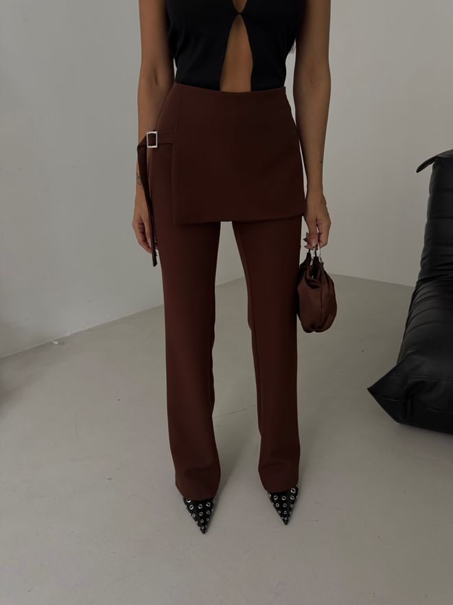 Black Fashion Saia E Calça Com Cinto Detalhado Marrom Roupas por atacado Poliéster