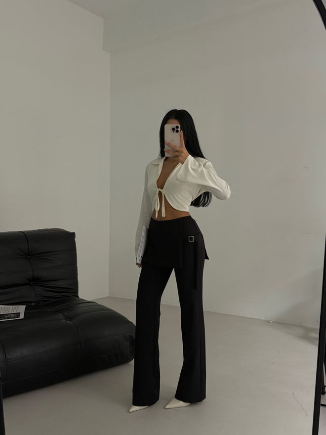 Black Fashion Calça Com Cinto Detalhado Na Saia Preta Roupas por atacado Formal