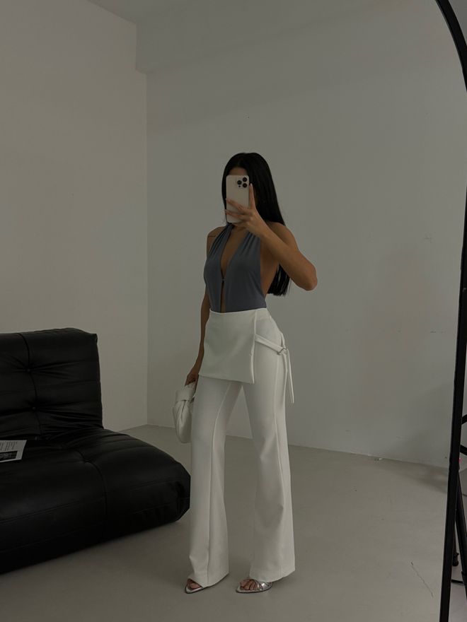 Black Fashion Etek Detaylı Kemerli Pantolon Beyaz Toptan Giyim Resmi