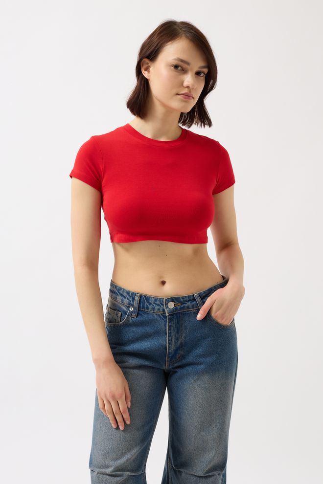 Black Fashion Μπλούζα Με Λύκρα Basic Crop Κόκκινο Χονδρικό εμπόριο ενδυμάτων Casual