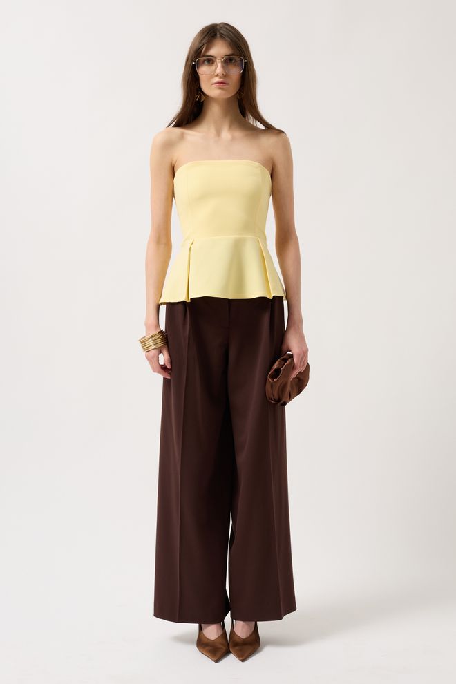 Black Fashion Blouse Plissée Sans Bretelles Jaune Vêtements en gros Élégant