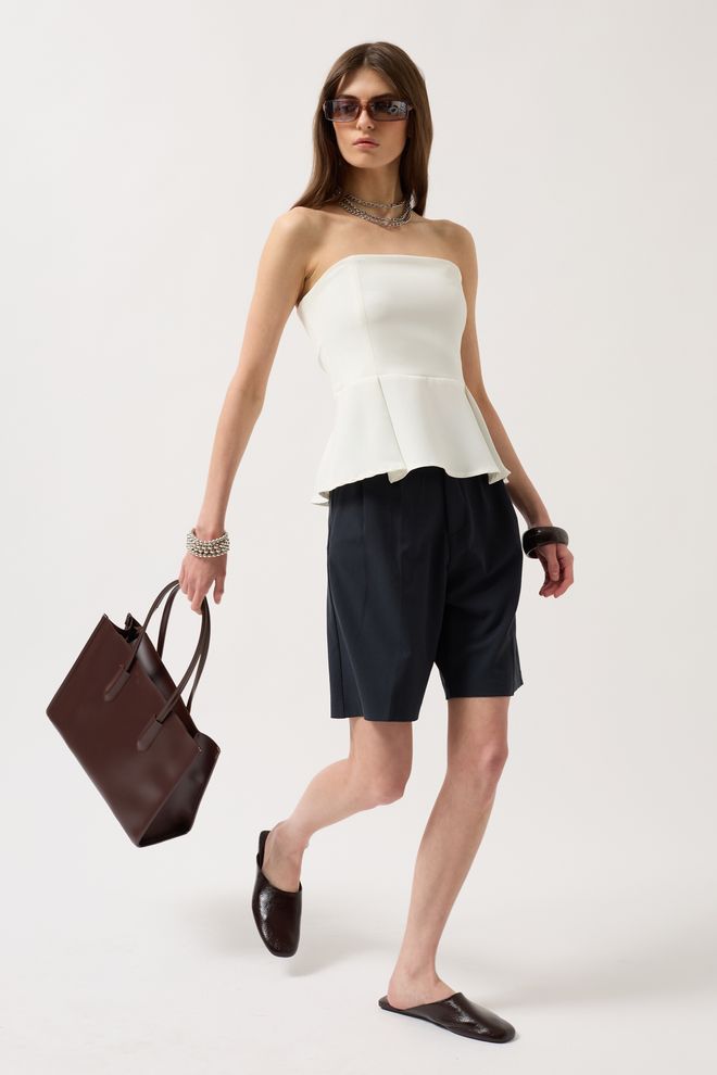 Black Fashion Strapless Blouse Met Plooien Wit Groothandel Kleding Elegant
