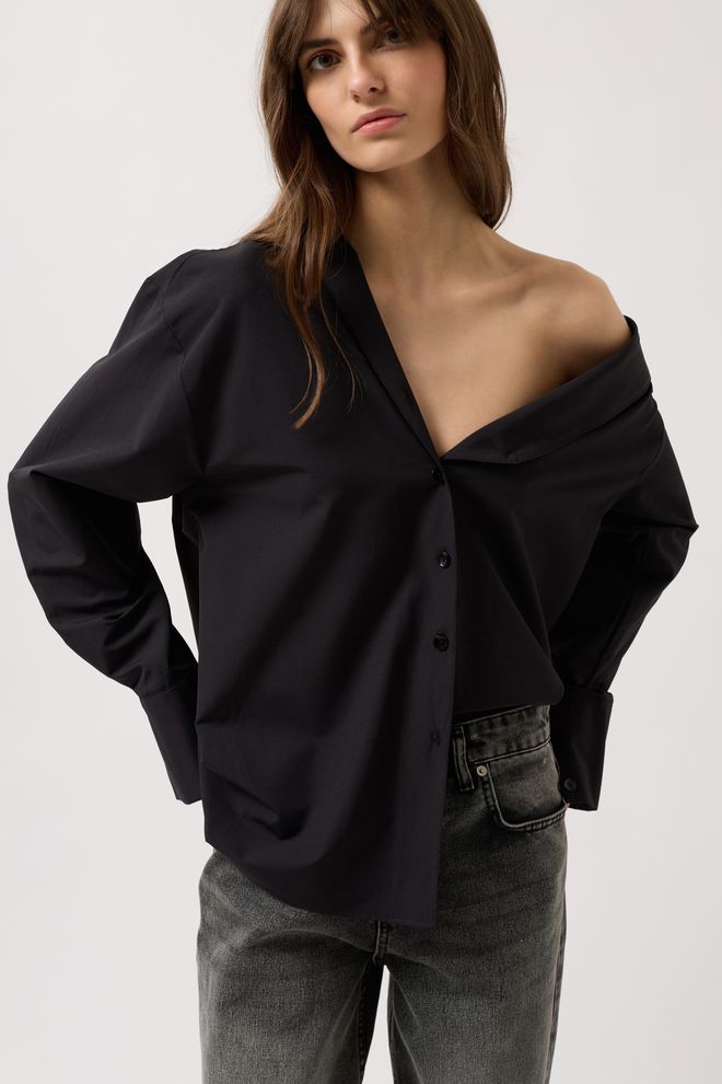 Black Fashion Asymmetrisch overhemd met sjaalkraag Zwart Groothandel Kleding Elegant