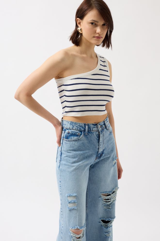 Black Fashion Crop Monospalla A Righe Bianco Navy Abbigliamento all'ingrosso Casuale