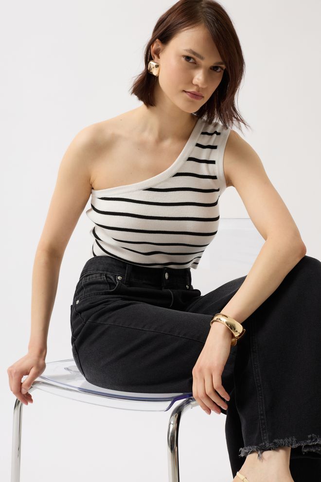 Black Fashion Crop W Paski Na Jedno Ramię Biały Czarny Hurtowa sprzedaż odzieży Casual