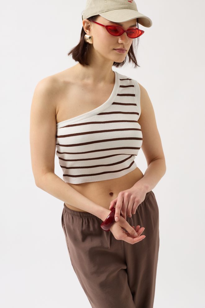 Black Fashion Crop W Paski Na Jedno Ramię Biały Brązowy Hurtowa sprzedaż odzieży Casual