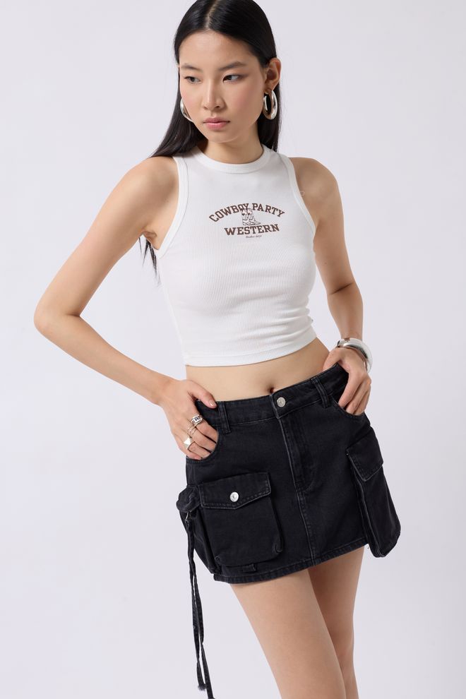 Black Fashion Mini Jeansrock Mit Cargotasche – Snow Wash Smoked Großhandelskleidung Lässig