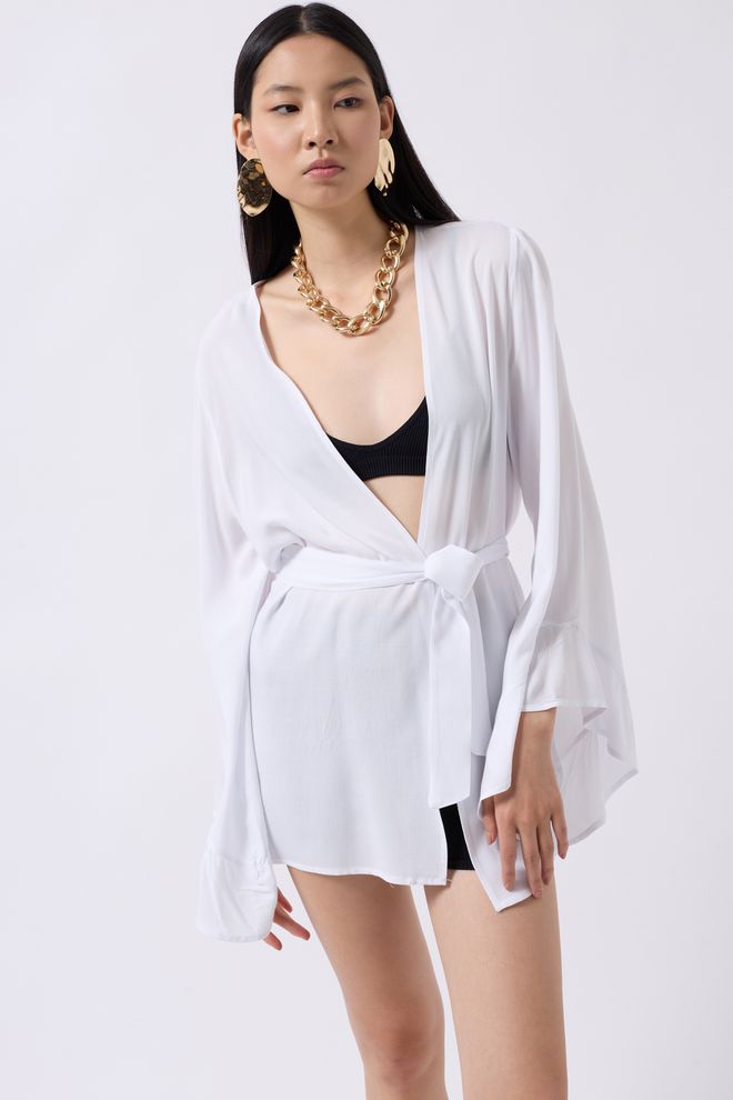 Black Fashion Γραβάτα Μανίκι Βολάν Κιμονό Λευκό Χονδρικό εμπόριο ενδυμάτων Casual