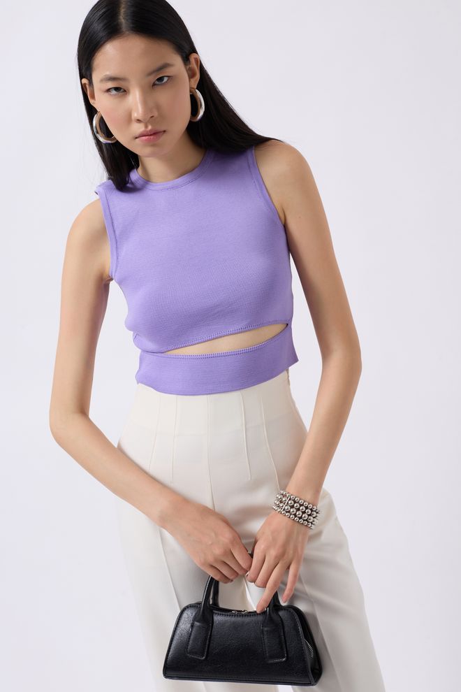 Black Fashion Strickblusen Crop Top Mit Fensterdetail – Flieder Großhandelskleidung Formal