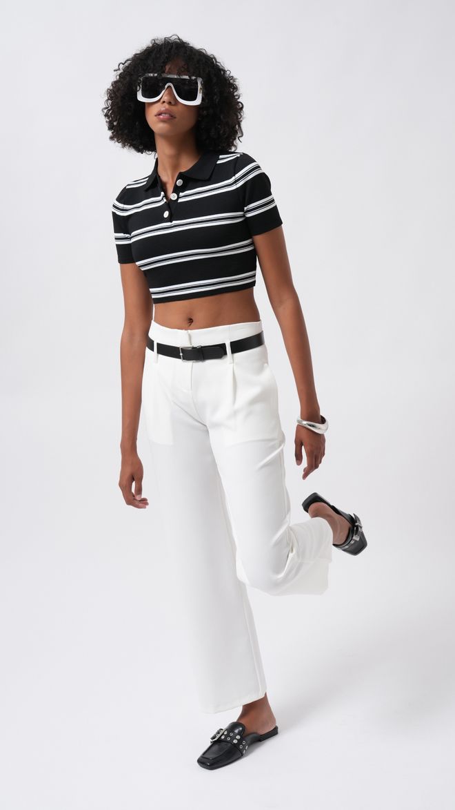 Black Fashion Pantalon Taille Haute Avec Ceinture Blanc Vêtements en gros Formel