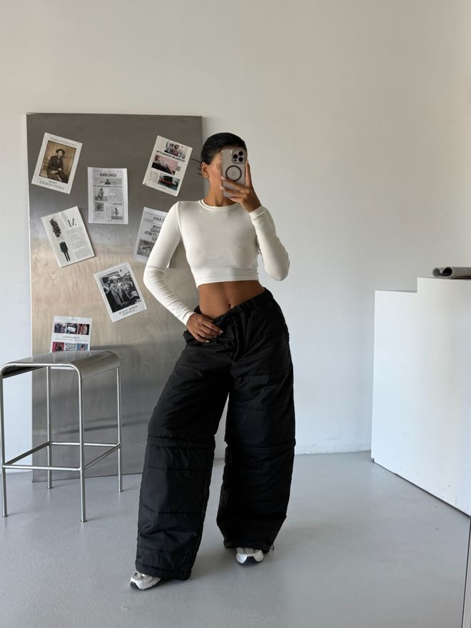 ESPADA بنطال أسود للمظلة بقصة ساق عريضة ورباط وسط الخصر ملابس بالجملة غير رسمي