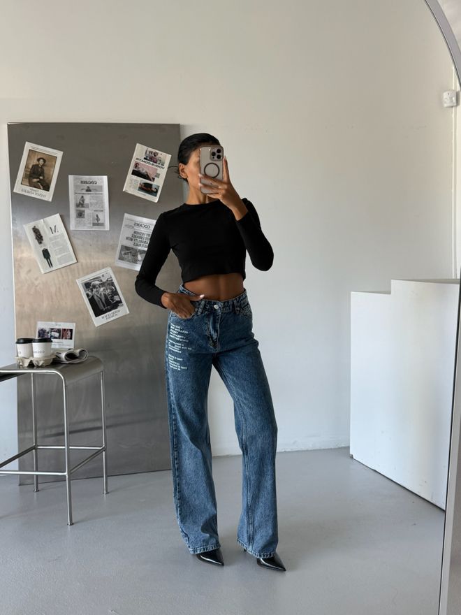 Black Fashion بنطال جينز بخصر منخفض مطبوع أزرق ملابس بالجملة غير رسمي