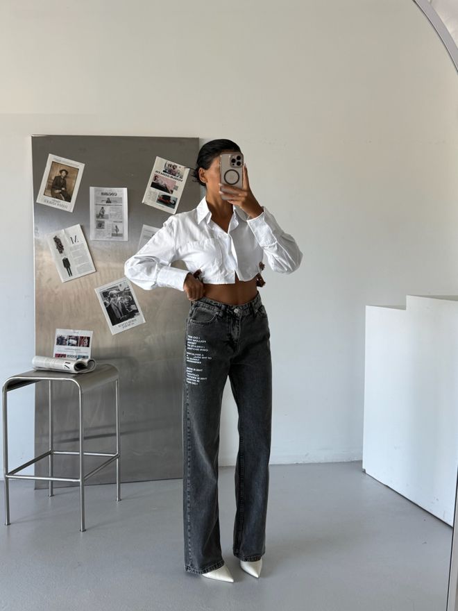 Black Fashion بنطال جينز بخصر منخفض مطبوع أسود ملابس بالجملة غير رسمي