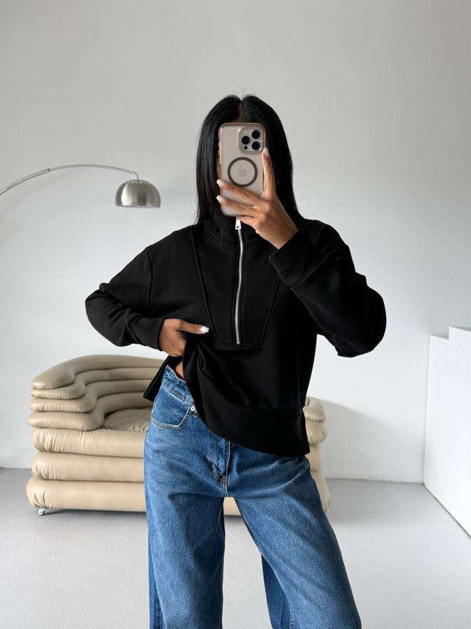 Black Fashion سويت شيرت بسحاب وخياطة مفصلة أسود ملابس بالجملة غير رسمي