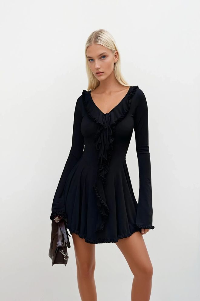 Black Fashion Black Fit And Flare Mini Dress With V Neck Wholesale Clothing Casual