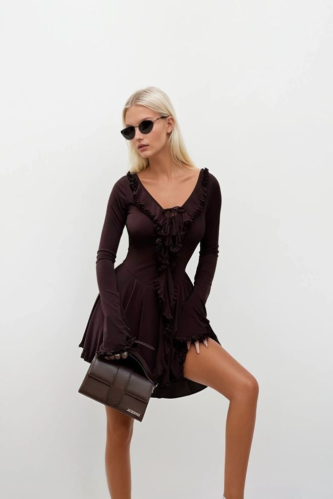 Black Fashion Black Fit And Flare Mini Dress With V Neck Wholesale Clothing Casual