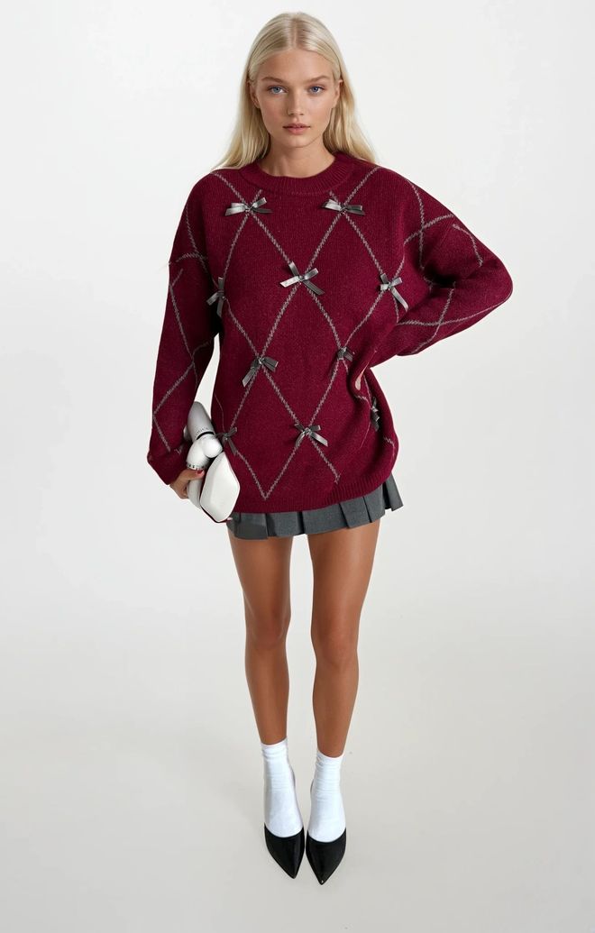 Black Fashion Claret Red Checkered Oversized Fit Sweater Wholesale Clothing Casual